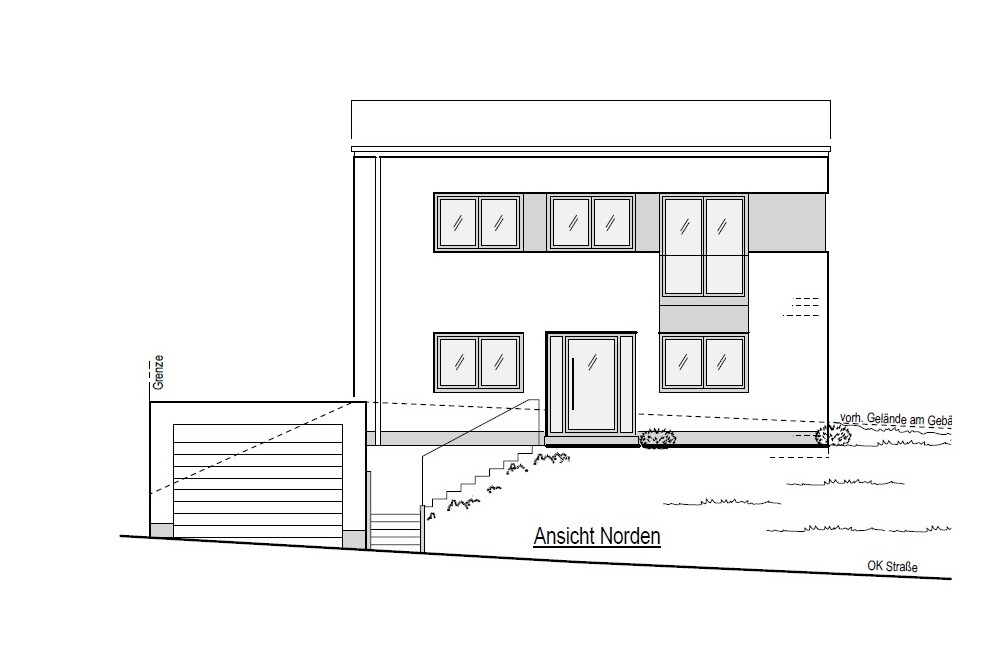 Moderne zweigeschossige Hausfassade mit Garage links, Eingangstür und Fenstern, Nordansicht