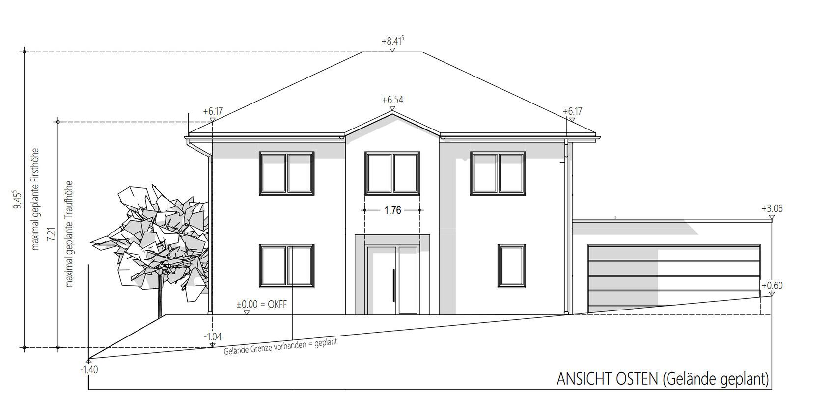 Ostansicht eines zweigeschossigen Hauses mit Eingang, Fenster und Garage rechts