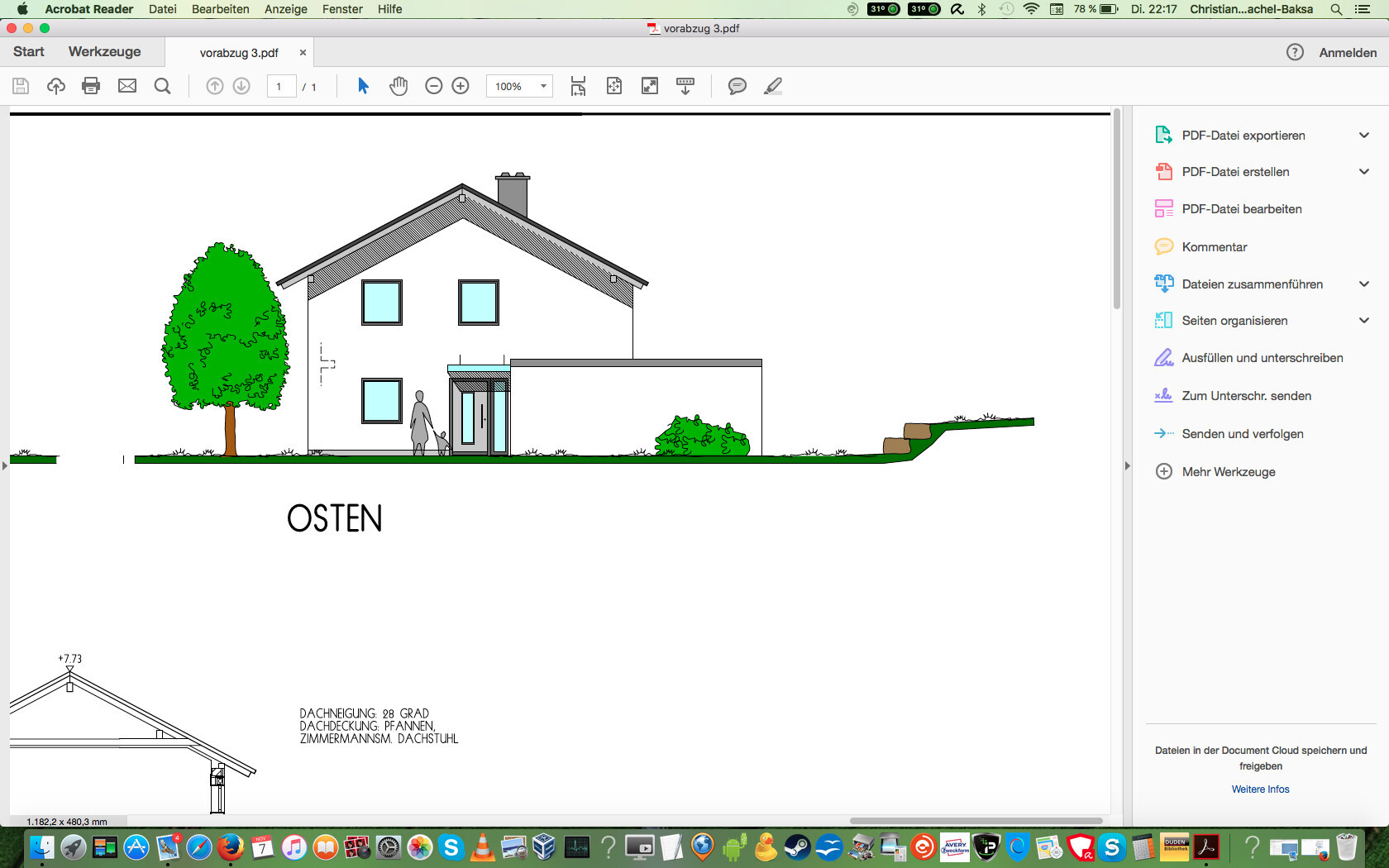 Osten-Elevation eines modernen Hauses mit Garten, Baum und Sträuchern