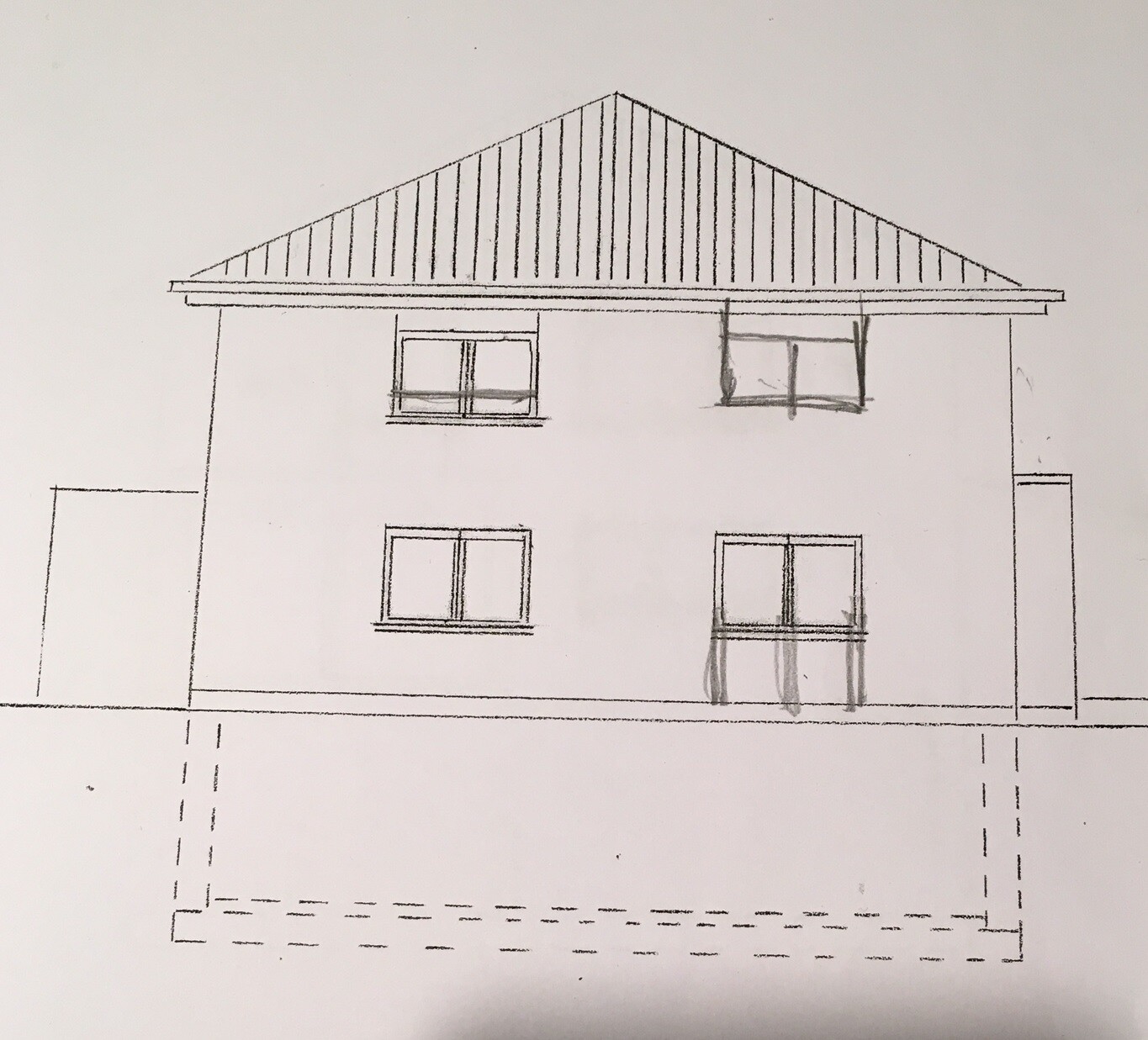 Skizze eines zweigeschossigen Hauses mit Satteldach und Fenstern, Frontansicht.