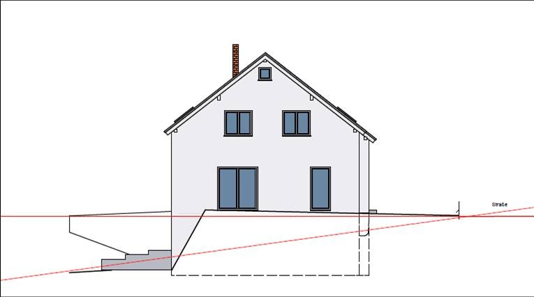 Schnittansicht eines Hauses mit Fundament, Keller und Treppen am Hang.