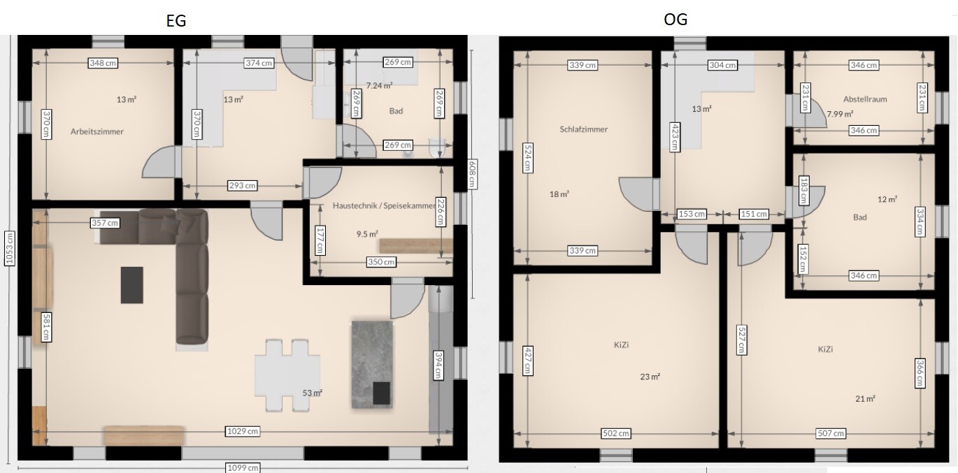 Zweistöckiger Grundriss: EG mit Wohnküche und Arbeitszimmer; OG mit Schlafzimmer, KiZi, Bad.