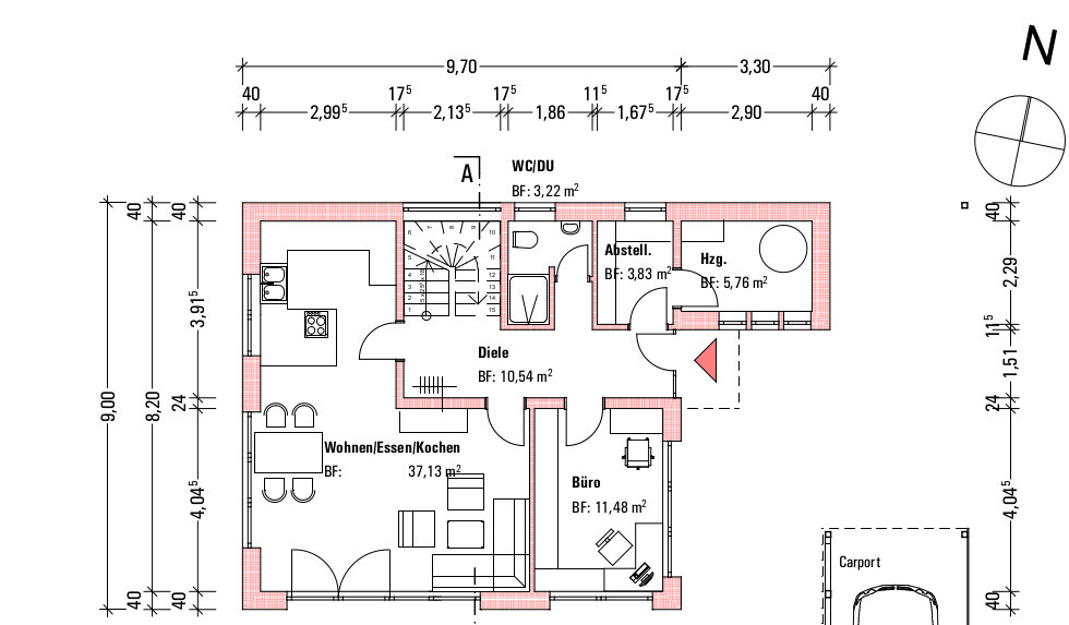 Grundriss Erdgeschoss: Räume Küche/Wohnen/Essen, Büro, Diele, Abstellraum, Heizung, WC/DU, Carport.