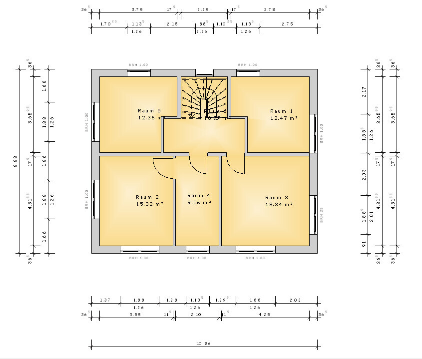 2D-Hausgrundriss-mit-fuenf-raumen-zentrale-treppe-raumbezeichnungen