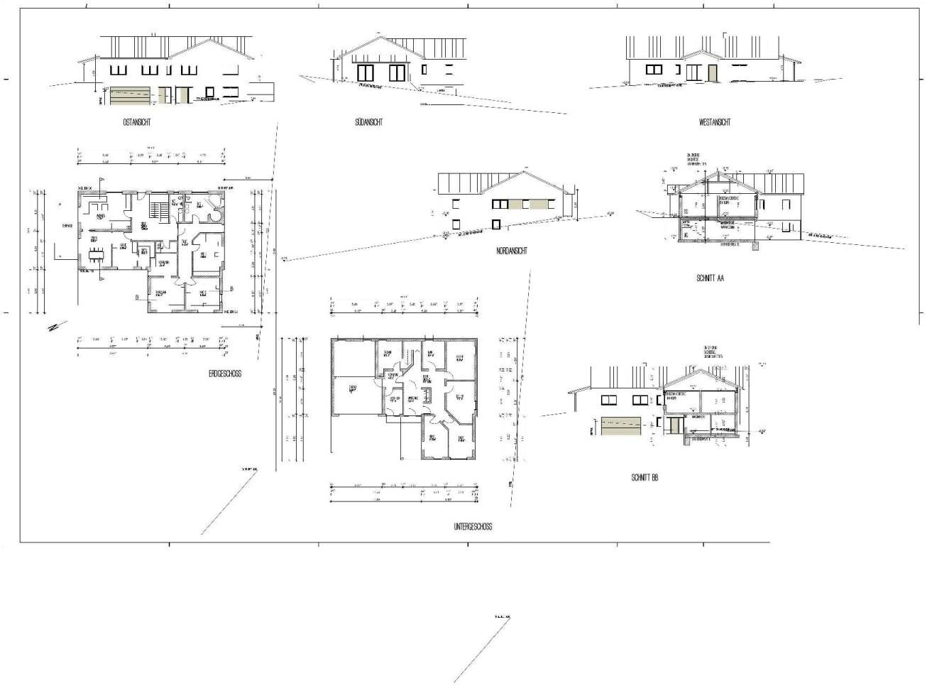 Architekturpläne eines Hauses mit Grundrissen und Fassadenansichten, Erd- und Untergeschoss.