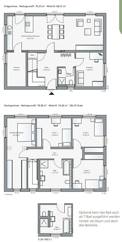 Grundriss eines Hauses: Erdgeschoss mit Wohnen/Essen/Kochen, Diele; Dachgeschoss mit Schlafzimmern.