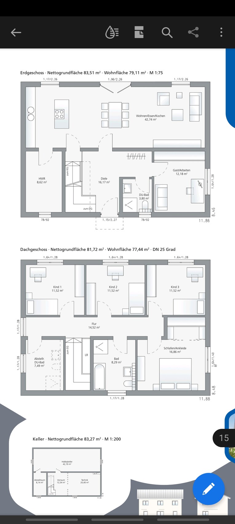 Grundrisse eines Hauses: Erdgeschoss, Dachgeschoss, Keller mit Küche, Wohnen und Schlafräume.