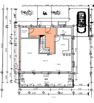 2D-Grundriss eines Hauses im Erdgeschoss mit Treppenhaus und Terrasse