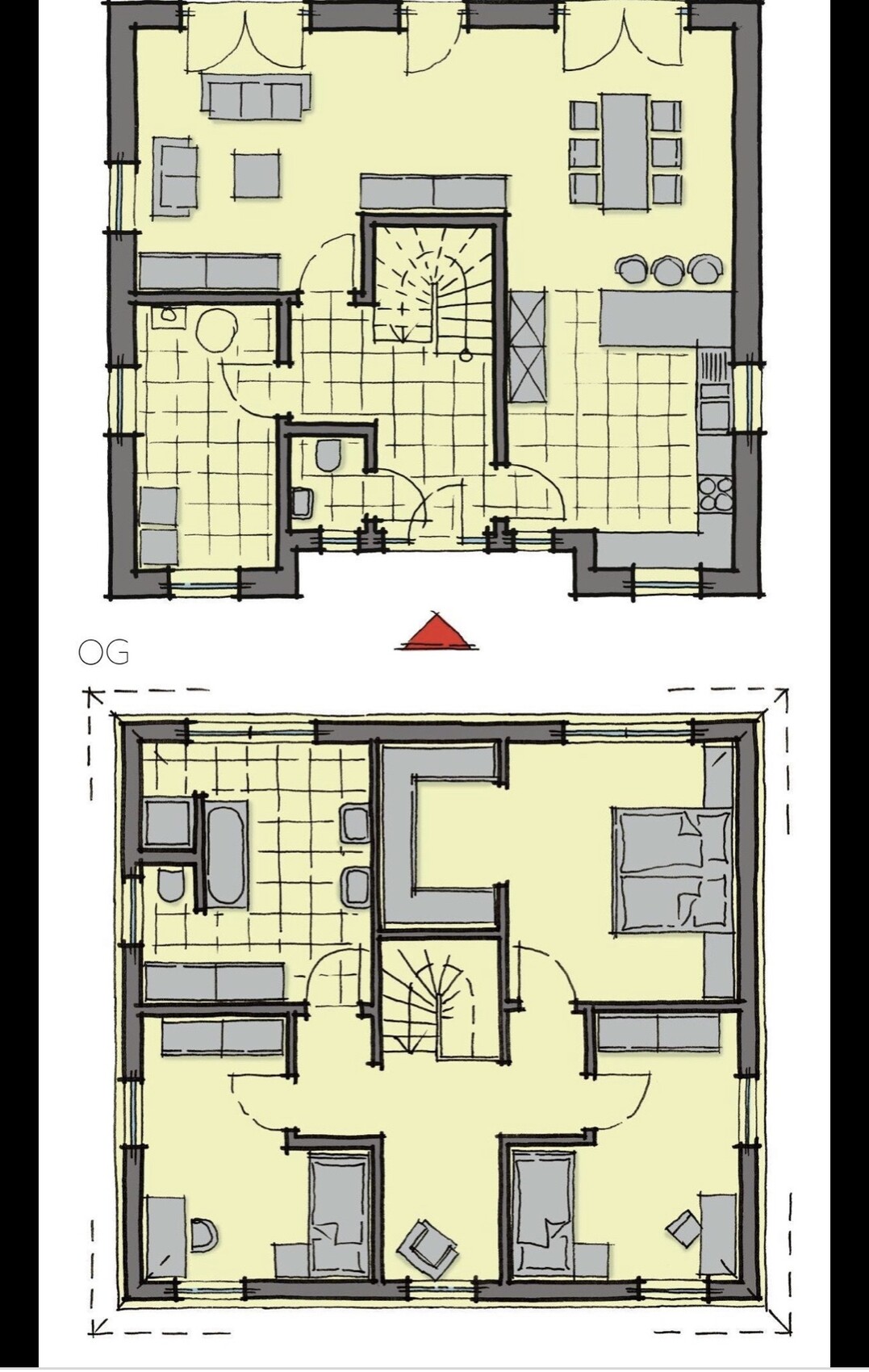 Zwei Grundrisse eines Hauses: Erdgeschoss und Obergeschoss mit Wohnbereichen, Küche und Bad.