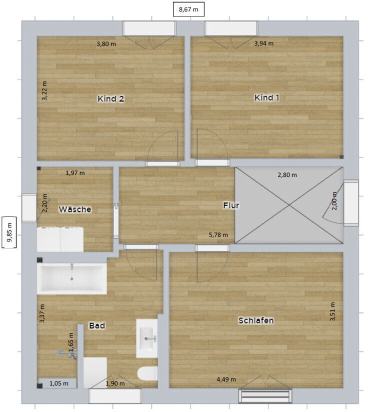 Grundriss eines Hauses mit Schlafzimmer, zwei Kinderzimmern, Bad, Wäsche und Flur