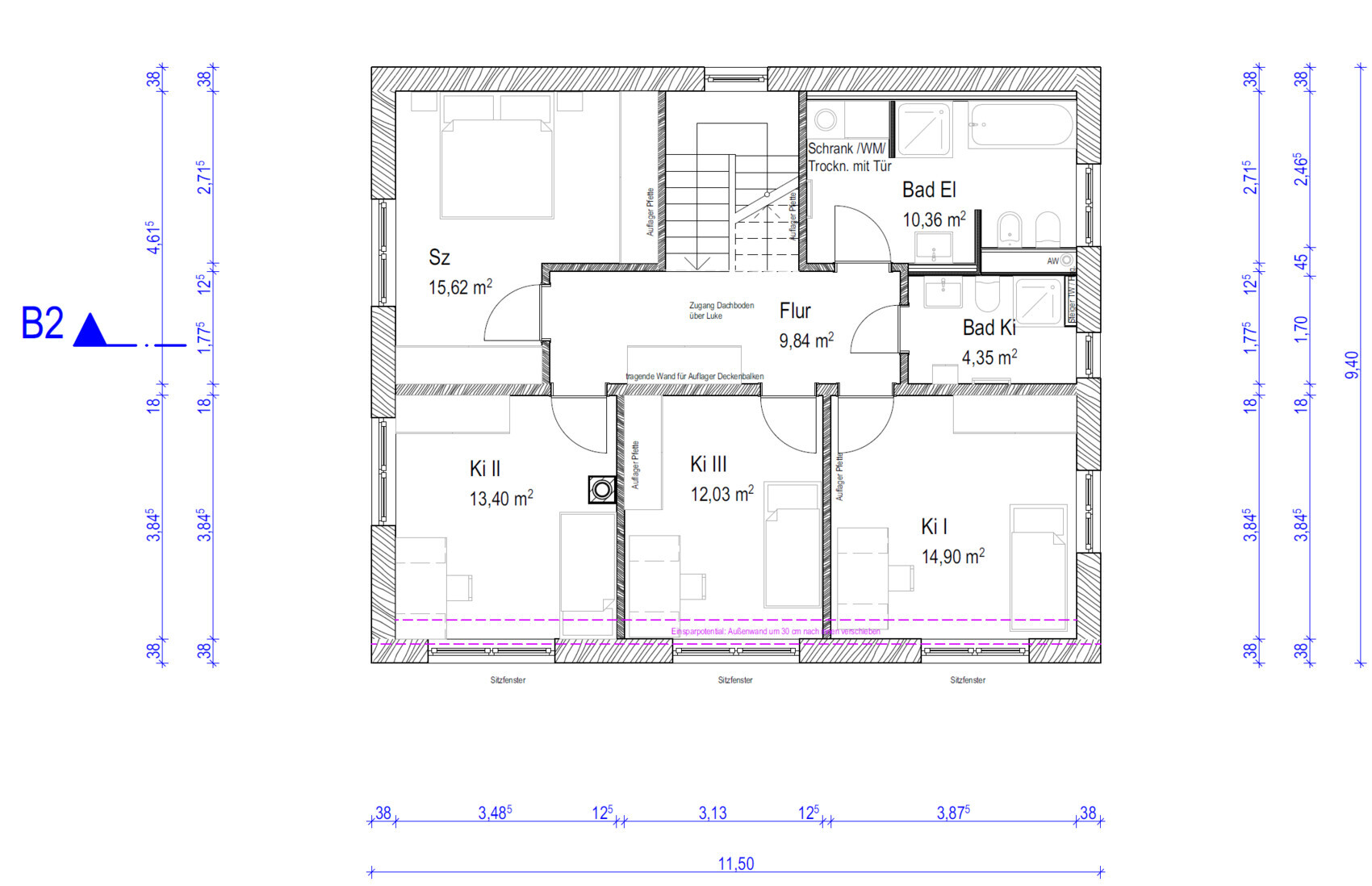 Grundriss eines Hauses mit Schlafzimmern, Flur, Küche und Bad
