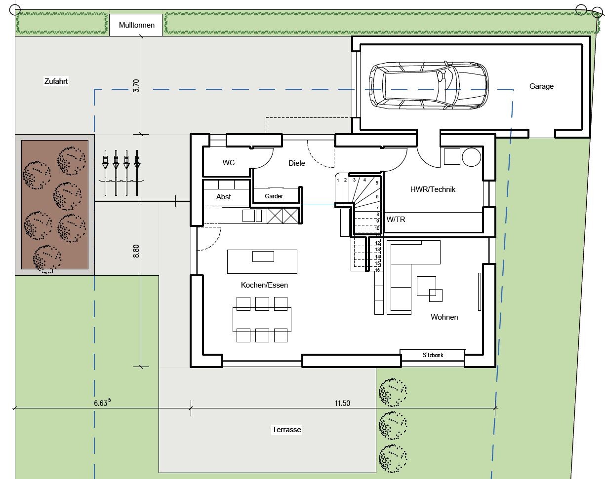 Grundriss eines Hauses: Garage mit Auto, Kochen/Essen, Wohnen, Terrasse, Garten und Zufahrt.