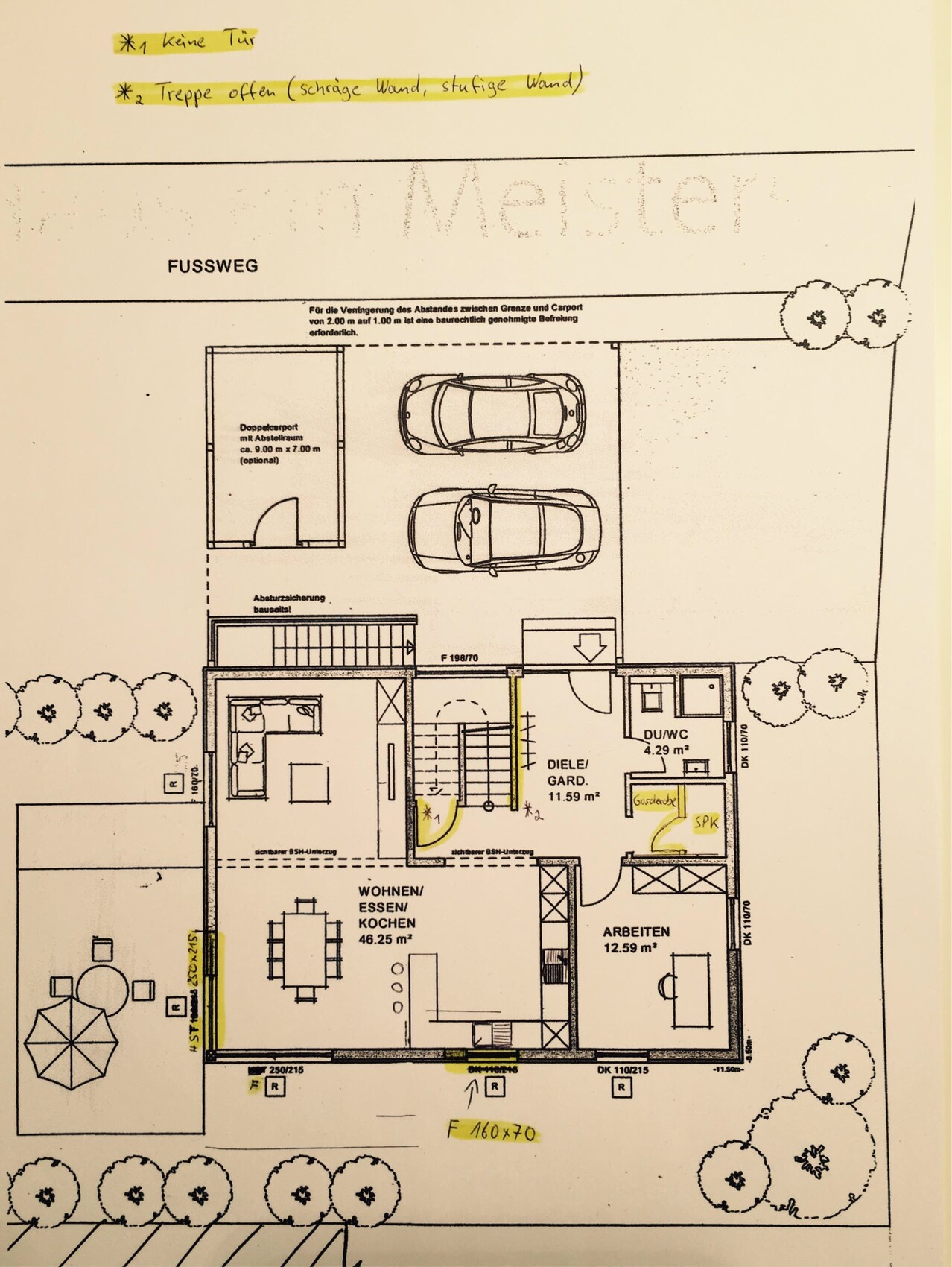 2D-Grundrissplan eines Hauses mit Wohnzimmer, Küche, Essbereich, Diele und Carport