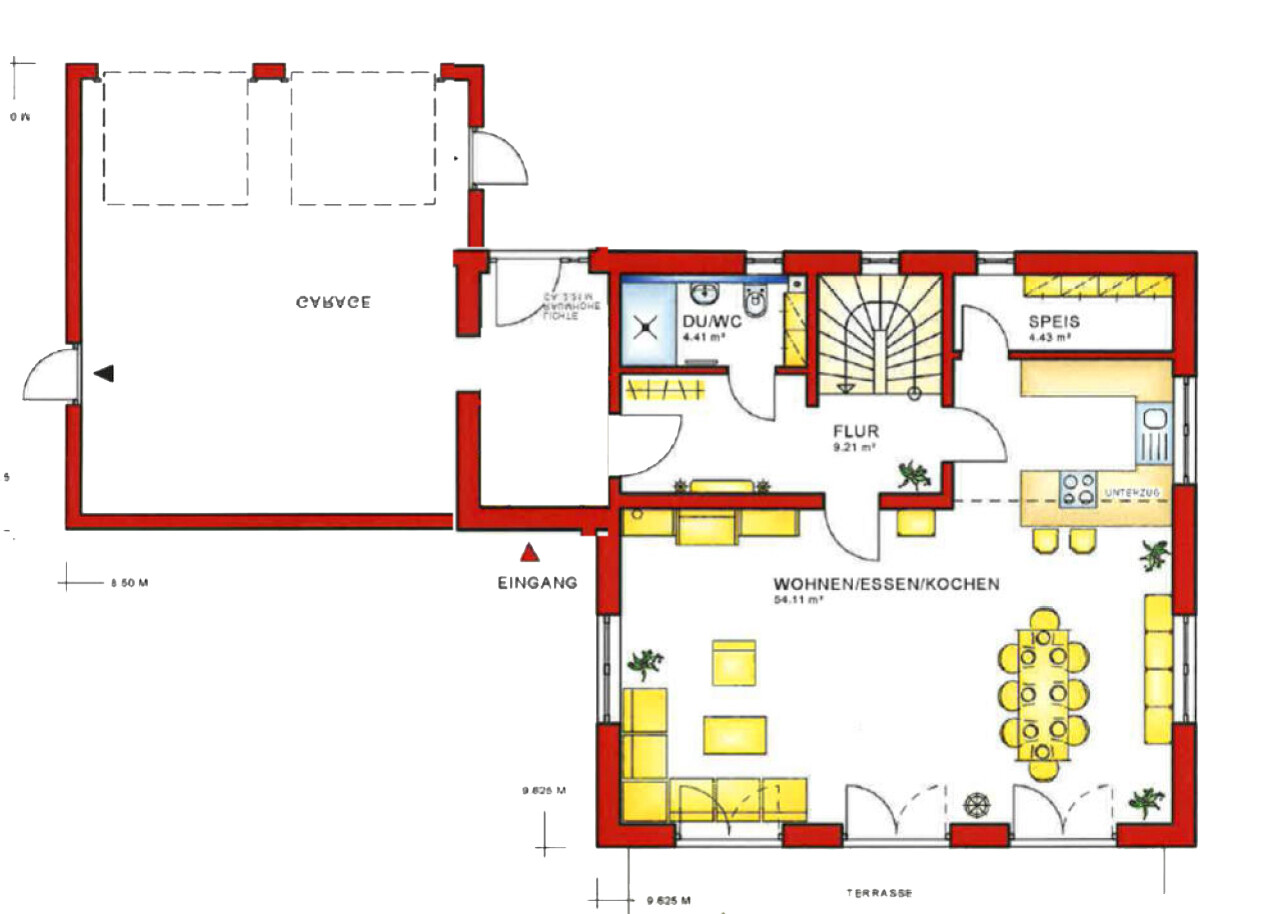 Grundriss eines Hauses mit Eingang, Flur, Wohn-/Esszimmer, Küche, Speis, Bad/WC, Garage/Terrasse.