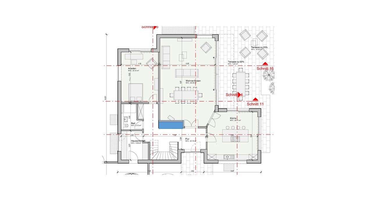 Grundriss eines Hauses mit Wohn- und Essbereich, Küche, Schlafzimmer, Bad und Terrasse.