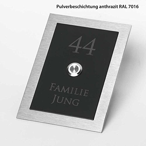 Edelstahlrahmen mit dunkler Hausnummer 44, anthrazit pulverbeschichtet, Wandmontage.