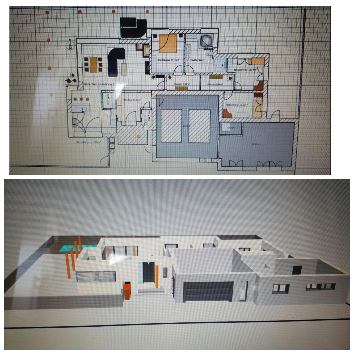 Zwei Ansichten eines Hauses: 2D-Grundriss oben und 3D-Hausmodell unten