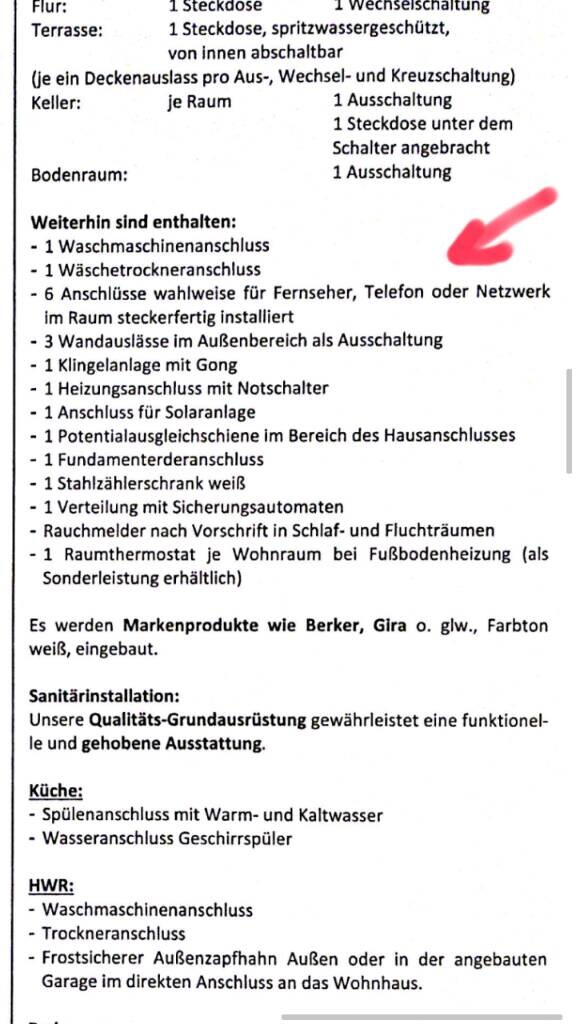 Installationsliste: Waschmaschinen- und Trockneranschluss, Heizung, Netzwerk