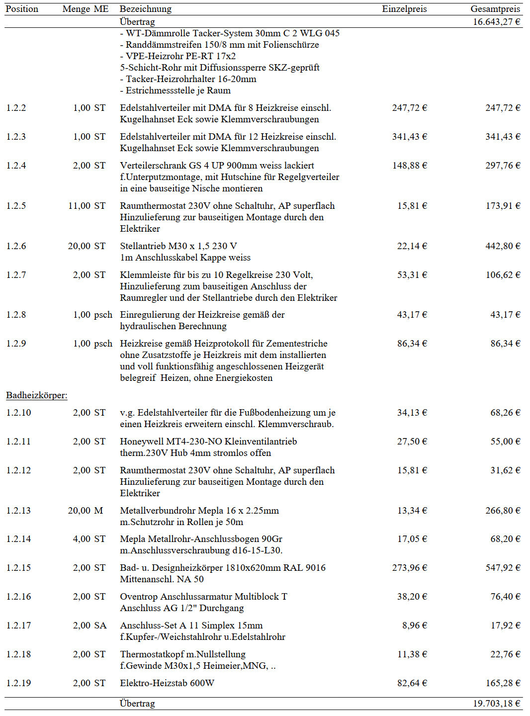 Preis- und Artikelliste in Tabellenform mit Position, Menge, Bezeichnung und Gesamtpreis.