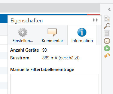 Eigenschaftenfenster zeigt Geräteanzahl 93 und geschätzten Busstrom in Haustechnik-Software