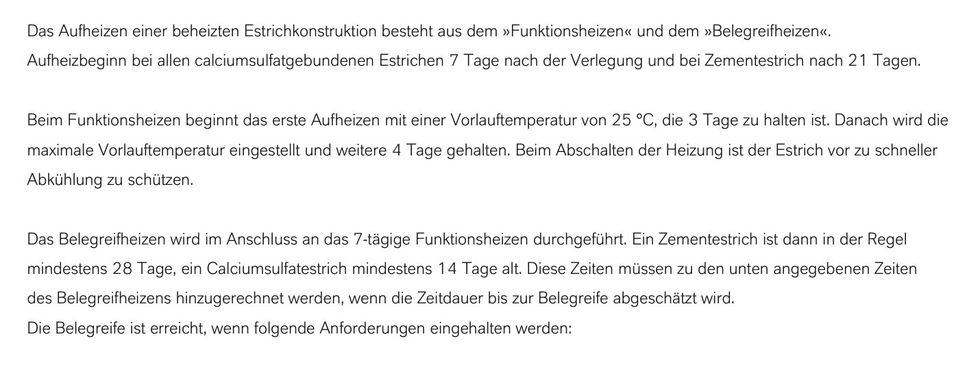 Textdokument über das Aufheizen einer beheizten Estrichkonstruktion und Belegreifeheizen.