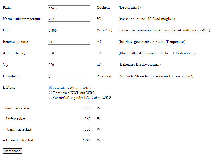 Screenshot eines Heizlast-Rechners mit Eingabefeldern und Berechnen-Button.