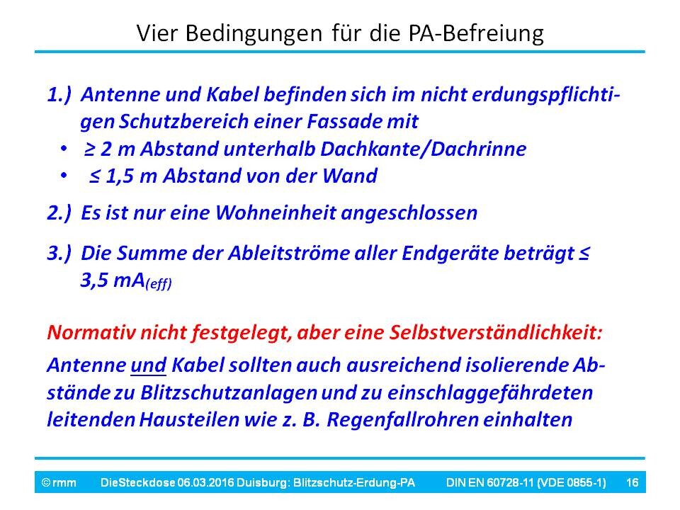 Folie mit vier Bedingungen für PA-Befreiung; Blitzschutz, Erdung und Schutzbereich, blau textiert