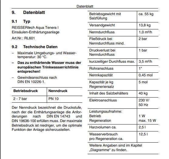 Technische Daten einer Enthärtungsanlage - Datenblatt mit Druck, Durchfluss und Abmessungen