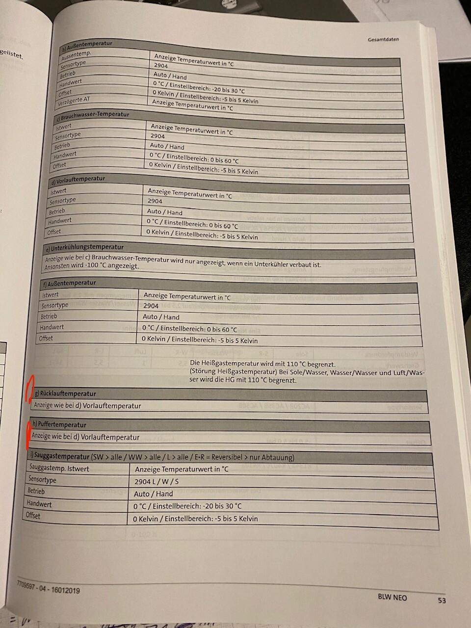 Technische Datenblattseite mit Temperaturwerten in Tabellen aus einem Handbuch.