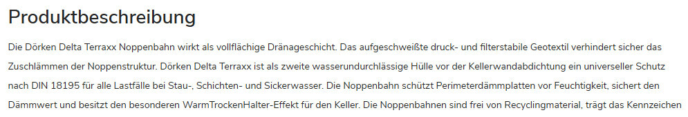 Webseite mit Produktbeschreibung der Dörken Delta Terrax Noppenbahn als Drainage- und Schutzschicht.
