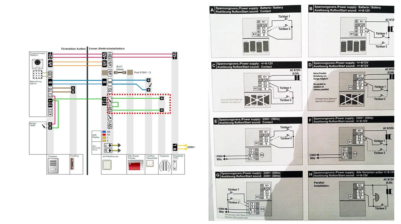Schematische Elektroinstallation einer Türsprechanlage mit Kabeln, LEDs und Patchbox.