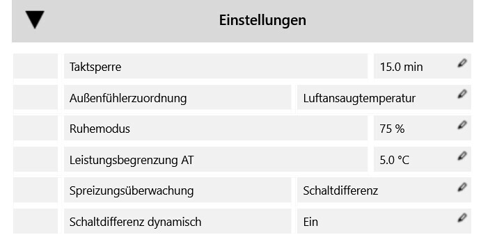 Einstellungsseite mit Parametern: Takt-Sperre, Außenfühler, Ruhemodus, Schaltdifferenz dynamisch.