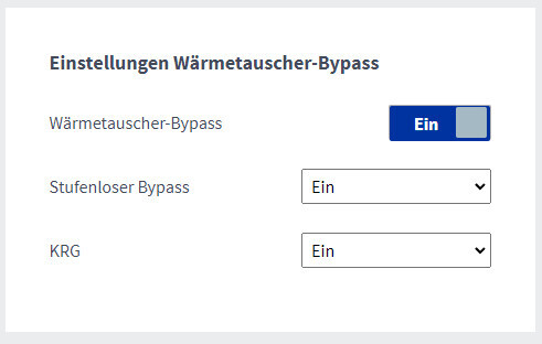 Bildschirm zeigt Wärmetauscher-Bypass-Einstellungen mit Ein-Aus-Schalter und Bypass-Optionen