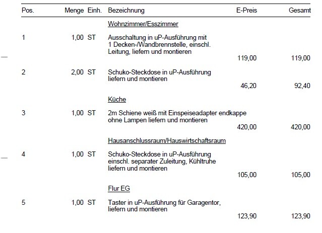 Elektrik-Rechnung: UP-Dosen, Schalter, Taster in Wohnzimmer, Küche, Flur; Lieferung und Montage.