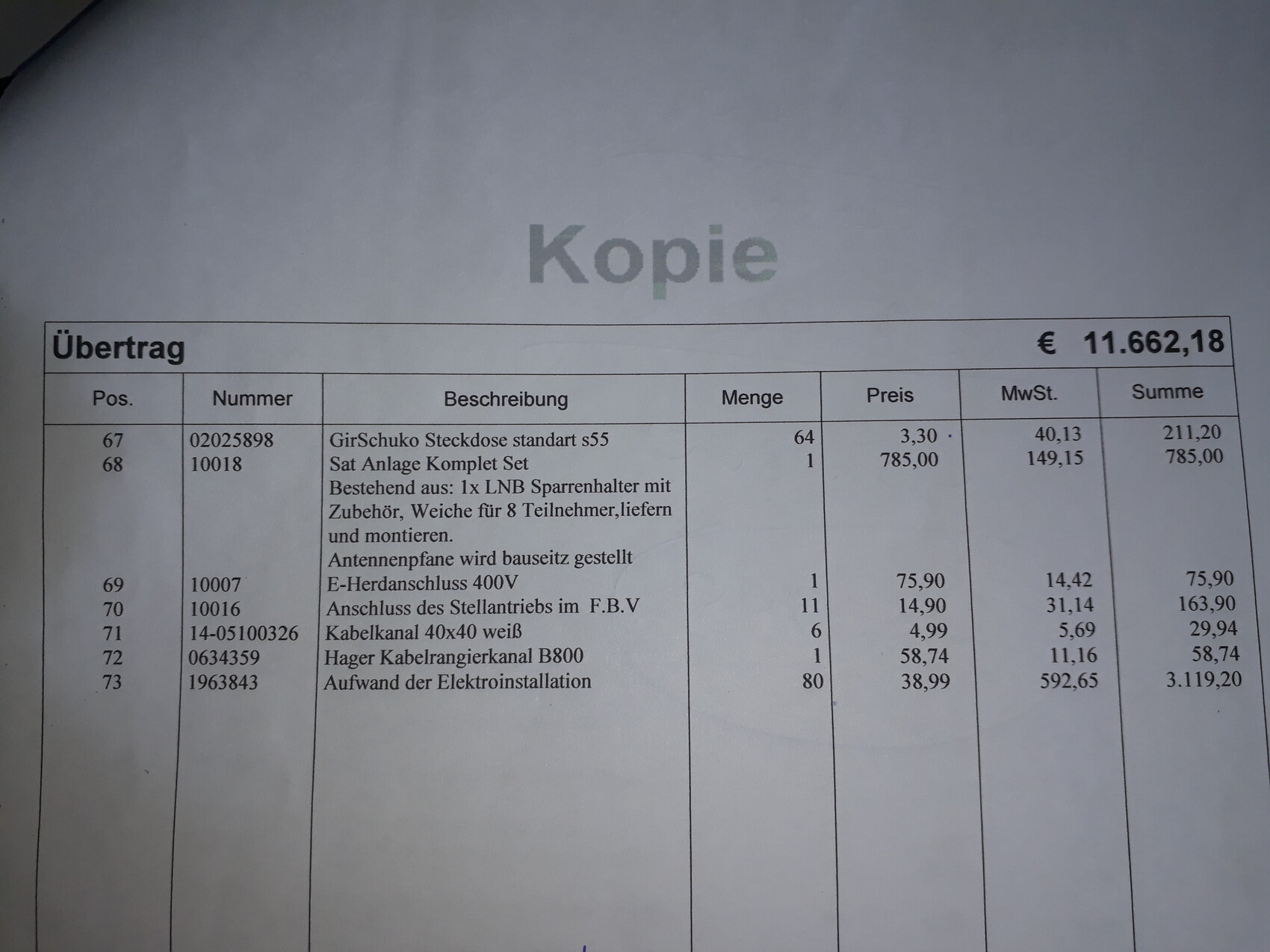 Kopie einer Rechnungstabelle: Positionen, Beschreibungen, Mengen, Preise, MwSt.