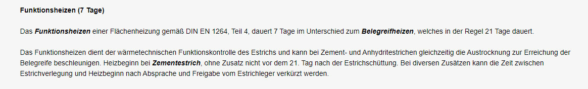 Funktionsheizen (7 Tage) nach DIN EN 1264 erklärt Belegreife, Estrichprüfung und Trocknung.