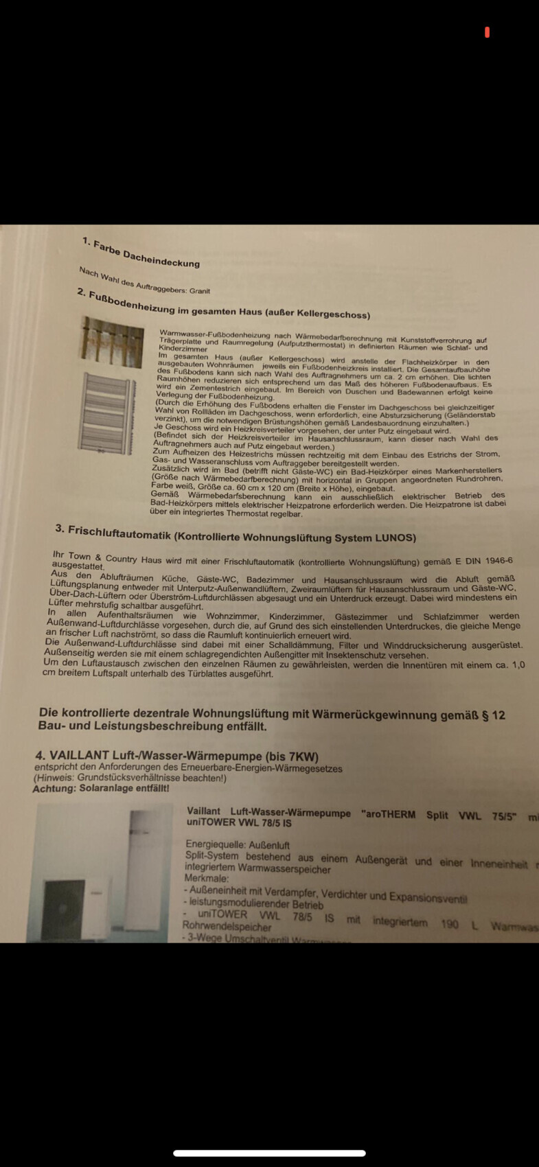 Gedruckte Seite eines Handbuchs zu Dachdeckung, Fußbodenheizung, Frischluftautomatik und Wärmepumpe.