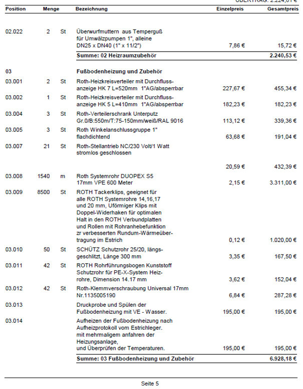 Preisliste für Fußbodenheizung und Zubehör mit Positionen, Mengen und Preisen.
