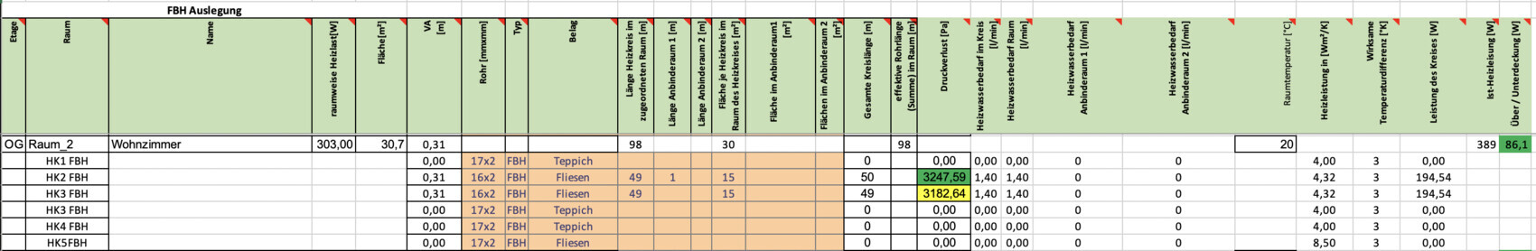 Excel-Tabelle mit Raumliste und Heizdaten (OG Raum_2 Wohnzimmer).