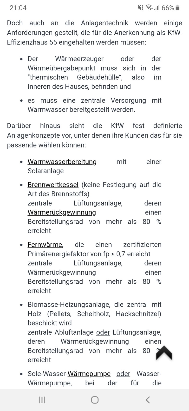 Textseite zu KfW-55-Anforderungen und Heizsystemen (Warmwasser, Brennwert, Fernwärme, Biomasse).