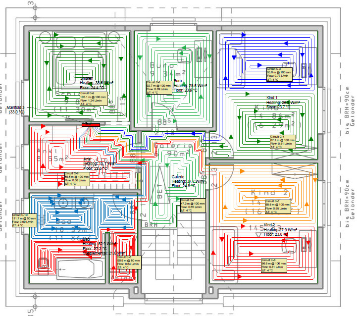 Grundriss eines Gebäudes mit farblich codierten Fußbodenheizungszonen und Spiralleitungen.