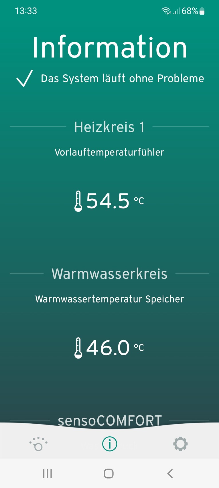 Screenshot einer Haustechnik-App zur Heizungs- und Warmwasserregelung mit Heizkreis 1