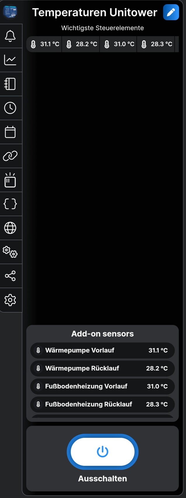 UI-Screenshot der App Temperaturen Unitower mit vier Temperaturwerten und Ausschalten-Button.