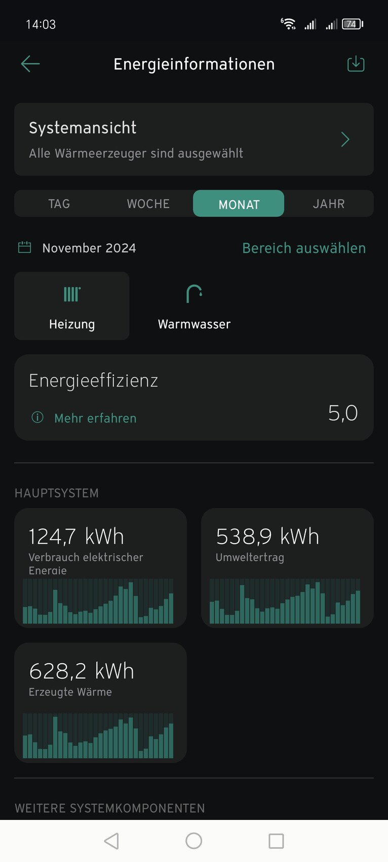 Energiemonitor-App: Monatsübersicht November 2024, Heiz- und Warmwasser-Buttons