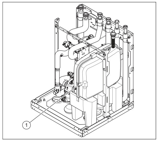 Technische Haustechnik-Komponente mit Rohren, Pumpe und Kessel auf Montagesockel.