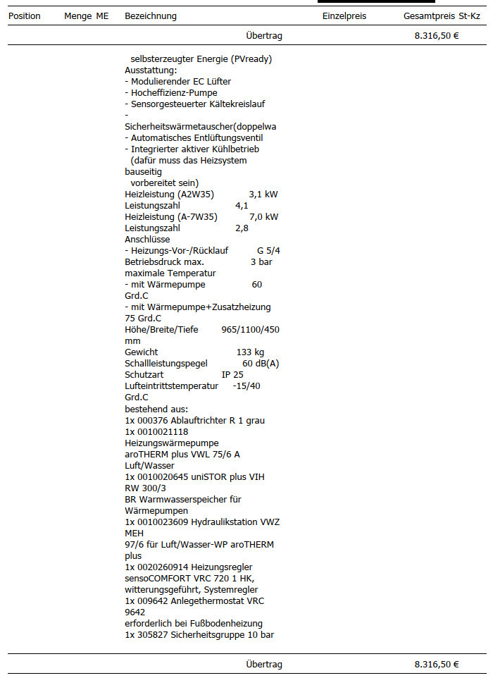Produktliste einer Heizungsanlage mit PV-ready Energiemanagement, Anschlüssen und Preisangaben.