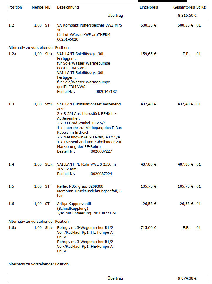 Rechnung mit Positionen, Mengen, Bezeichnungen und Preisen der Vaillant Heizungs-Teile.