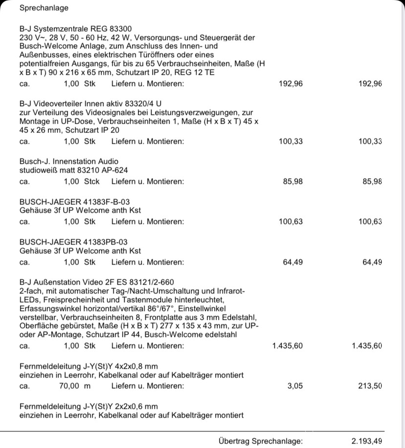 Preis- und Bestellliste einer Sprechanlage: Zentralen, Verteiler, Gehäuse, Kabel, Positionen und Preise.