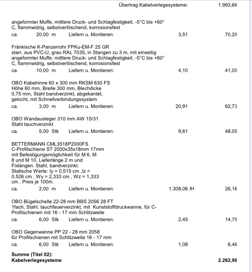 Übersicht einer Kostenliste zu Kabelverlegesystemen: Positionen, Maße und Preise.
