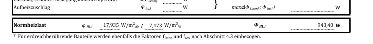 Technische Tabelle mit Normheizlast und Aufheizzuschlag (W, W/m², W/m³).
